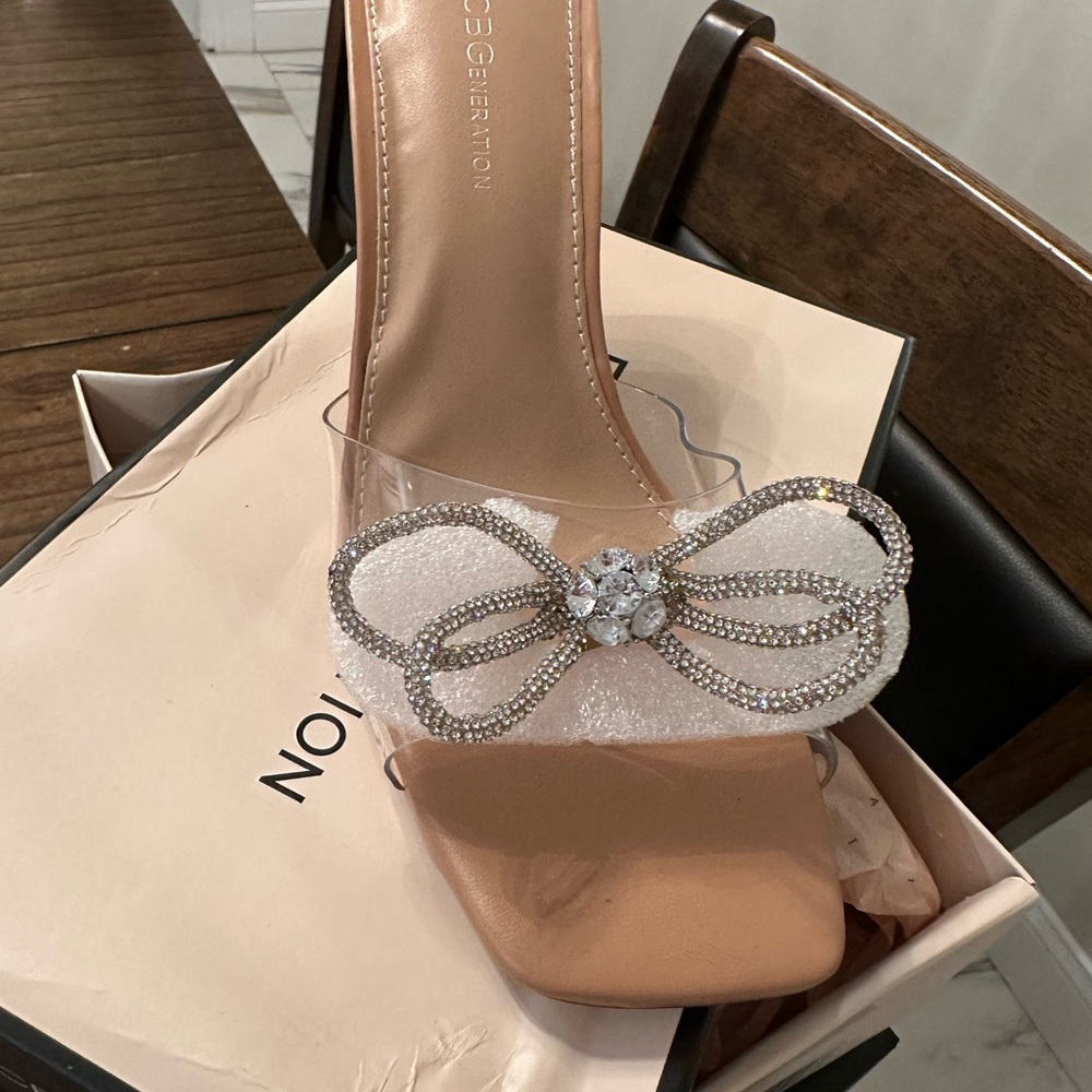 BCBGeneration Nude Heels with Rhinestone Bow